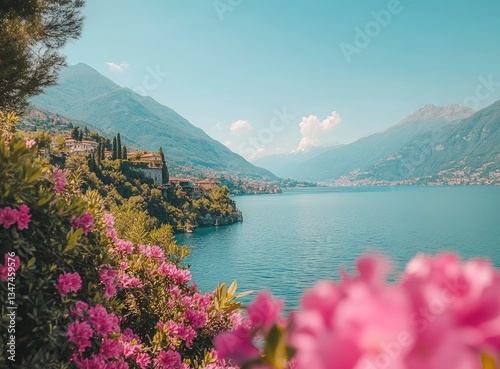 Lake Como Scenic View with Charming Italian Village and Blooming Flowers