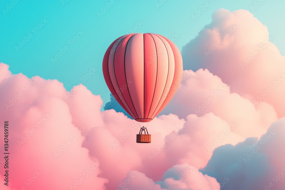 Fototapeta premium Colorful hot air balloon floats above pastel clouds during a serene sunrise in a clear sky