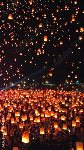 4K, Floating lantern YeePeng Firework Festival or Yi Peng Lantern in Chiangmai, Chiang Mai festival and Loy Kratong Festival in Thailand