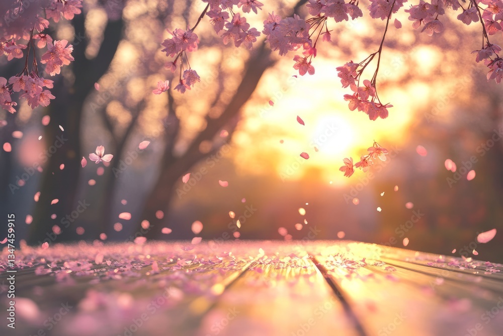 Blossom petals drift as soft sunlight fills the park during springtime, creating a serene atmosphere at sunset