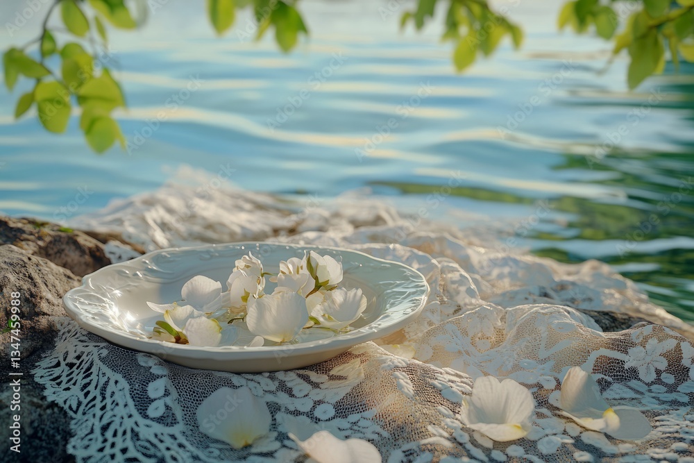 Delicate white petals arranged on a plate near calm blue water surrounded by gentle greenery in a tranquil setting