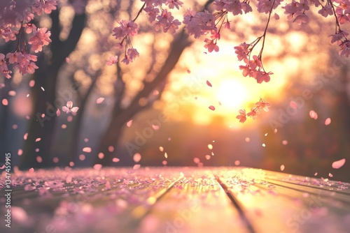 Obraz na płótnie Blossom petals drift as soft sunlight fills the park during springtime, creating a serene atmosphere at sunset w salonie
