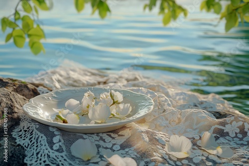 Obraz na płótnie Delicate white petals arranged on a plate near calm blue water surrounded by gentle greenery in a tranquil setting w salonie