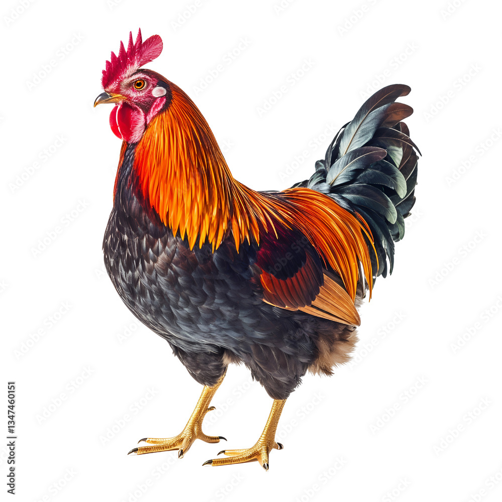 Fototapeta premium Vibrant Rooster Displaying Colorful Feathers on White Background
