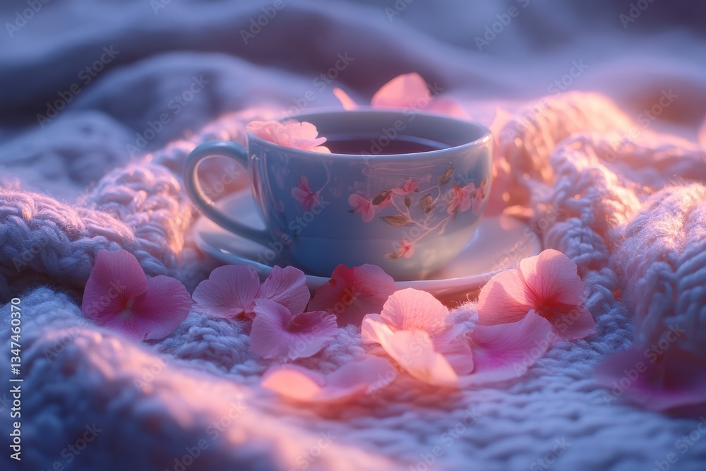 Warm tea cup surrounded by delicate flower petals on a cozy blanket in soft evening light