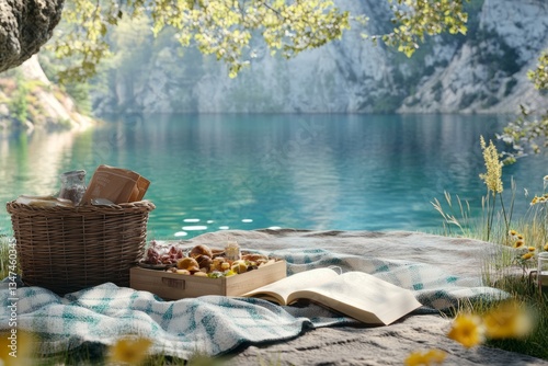 Enjoying a serene picnic by the tranquil lake surrounded by lush nature and clear water on a sunny afternoon