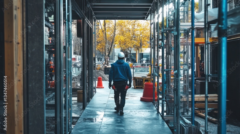 Fototapeta premium Construction Worker Walking Through Building Frame