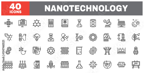 Set of 40 line icons nanotechnology. Outline icon collection. Editable stroke. Vector illustration.