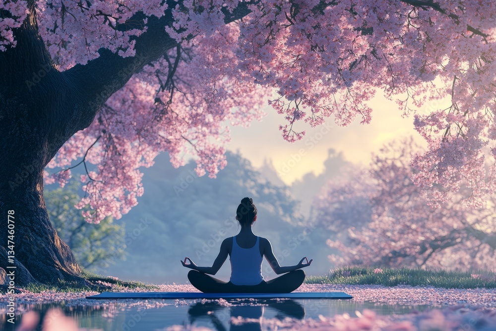 Practicing mindfulness meditation under cherry blossoms in a serene landscape