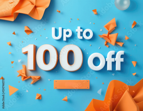 Up to 100 Off Sale Announcement with Paper Pieces and Balloon