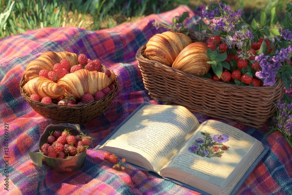 Relaxing afternoon picnic with fresh pastries, berries, and a book in a sunlit garden