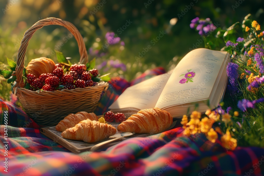 Enjoying a peaceful picnic with fresh pastries and a book in a vibrant flower garden