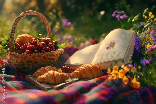 Obraz na płótnie Enjoying a peaceful picnic with fresh pastries and a book in a vibrant flower garden w salonie