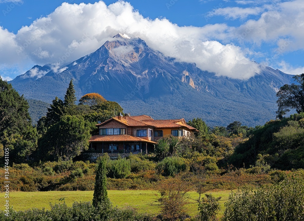 Obraz premium House with Mountain View Nestled Among Trees and Clouds in Nature