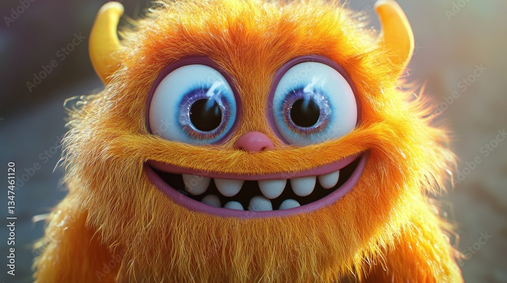 Fototapeta premium Adorable, fluffy orange monster with big eyes