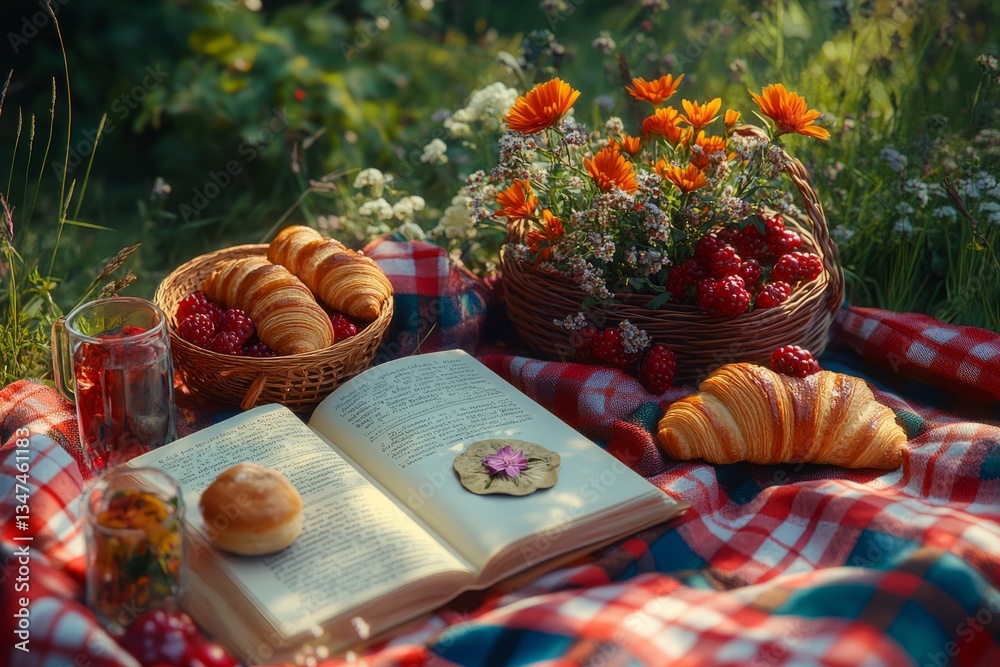 Delightful picnic setup with fresh pastries, flowers, and a book on a sunny day in a lush green garden