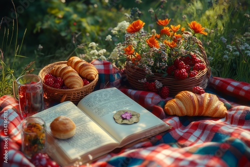 Delightful picnic setup with fresh pastries, flowers, and a book on a sunny day in a lush green garden