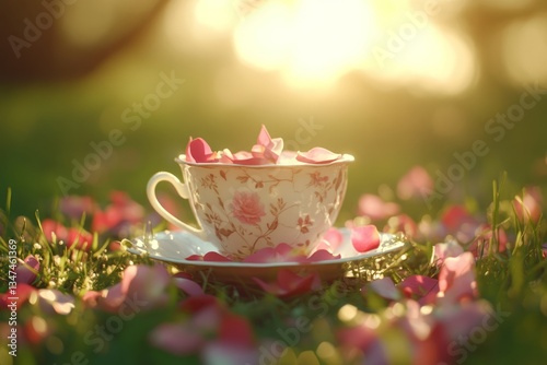 Elegant tea cup surrounded by rose petals in a serene garden during golden hour