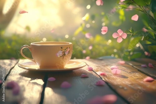 Sunlit cup of tea surrounded by delicate flower petals on a wooden table in a serene garden setting