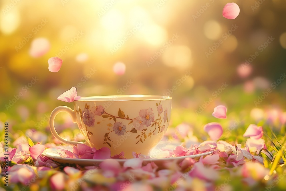 Delicate tea cup resting among petals in a sunlit garden during springtime