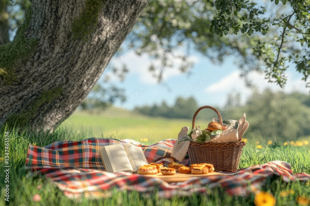 Morning picnic under a shady tree in a green field with snacks and a book nearby