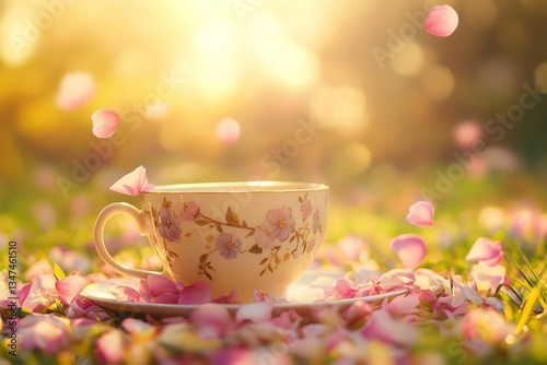 Obraz na płótnie Delicate tea cup resting among petals in a sunlit garden during springtime w salonie