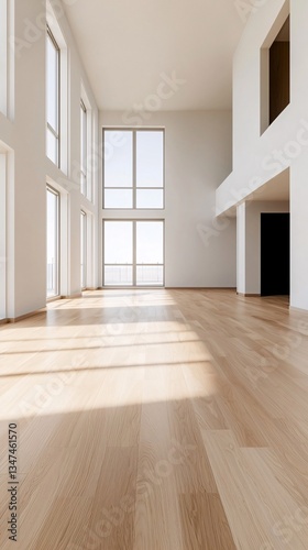 Bright and Airy Empty Room with Large Windows and Light Wood Flooring.