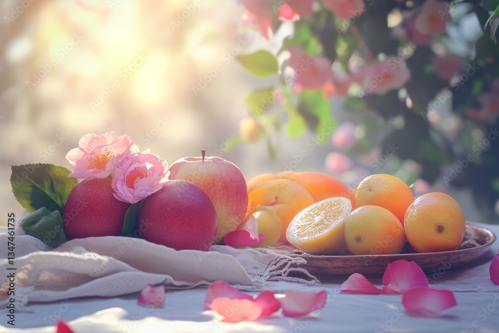 Fresh fruits and colorful flowers create a serene atmosphere on a sunny afternoon in a garden setting