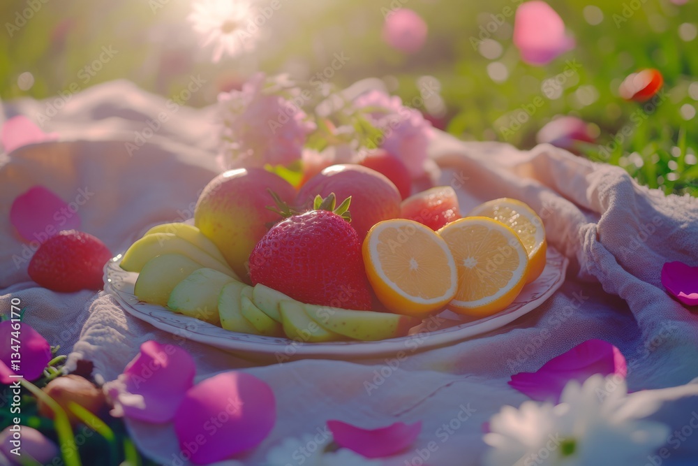 Fresh fruit platter with strawberries, apples, lemons, and flowers in a sunny outdoor setting during spring