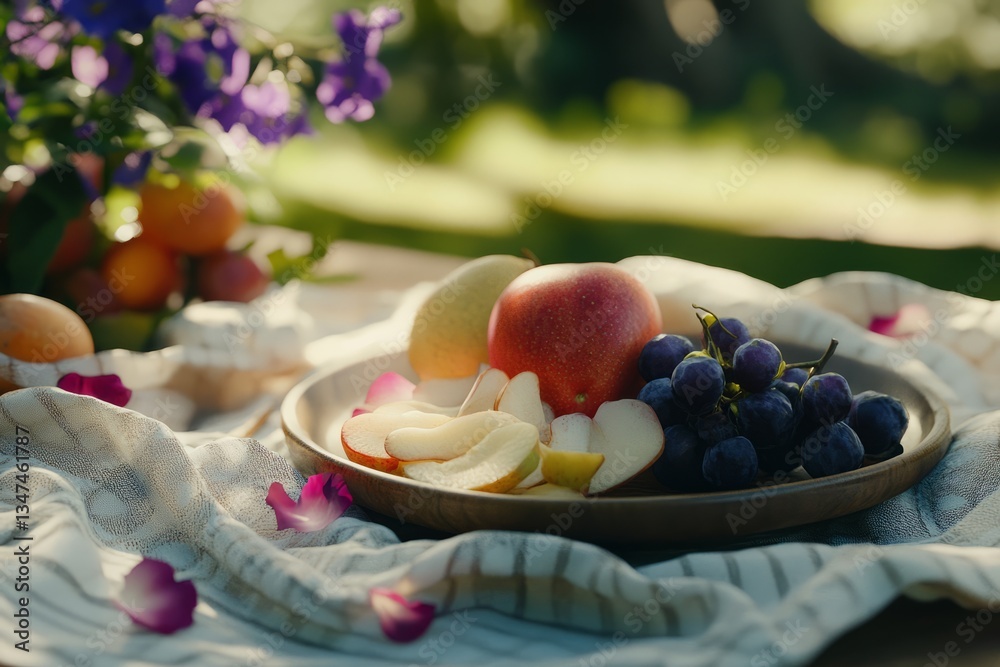 Freshly sliced apples and grapes on a wooden plate surrounded by flowers in a sunny garden setting
