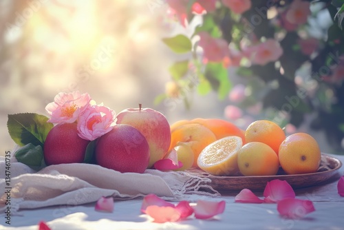 Obraz na płótnie Fresh fruits and colorful flowers create a serene atmosphere on a sunny afternoon in a garden setting w salonie