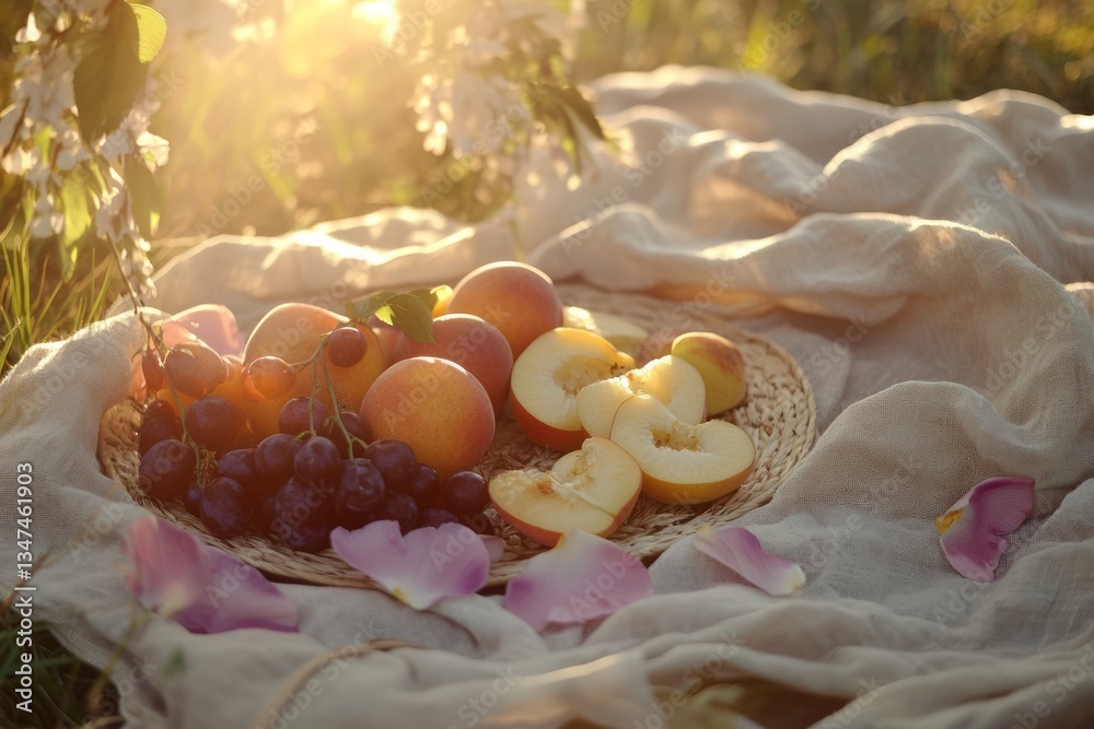 Fresh fruits in a woven basket surrounded by petals on a sunny afternoon in a tranquil outdoor setting