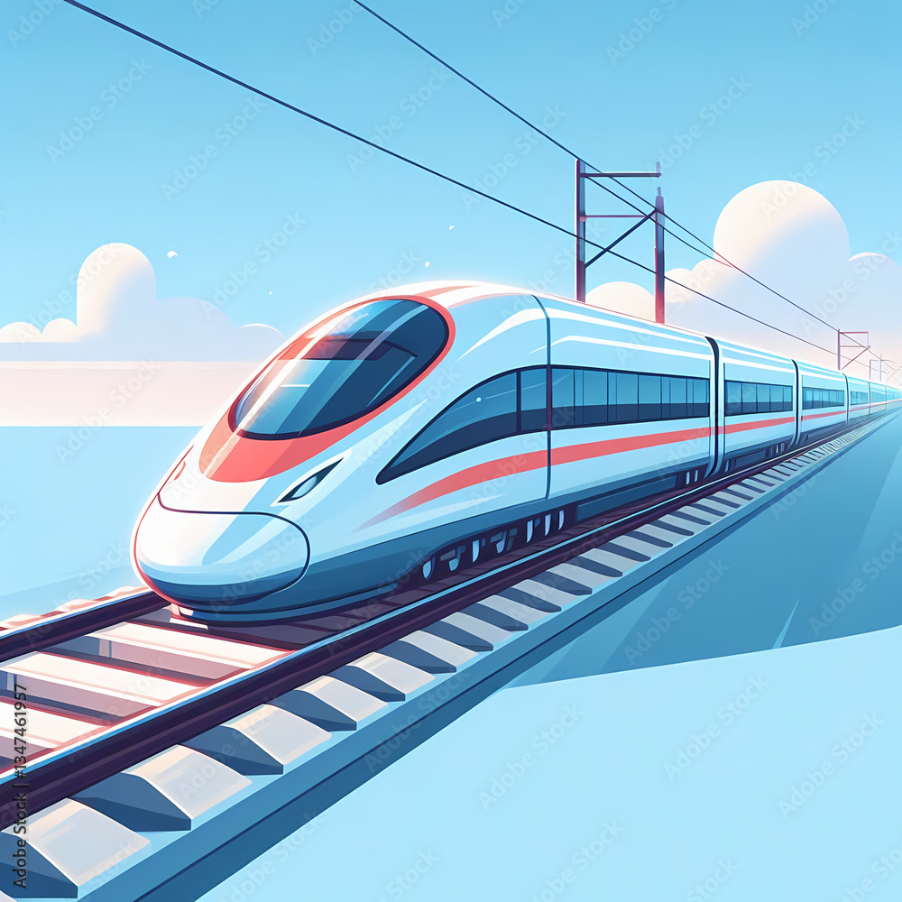 Naklejka premium Flat vector illustration of a high-speed train on tracks, clean and futuristic design, sharp geometric shapes, bright and modern colors, representing fast transportation and railway travel.