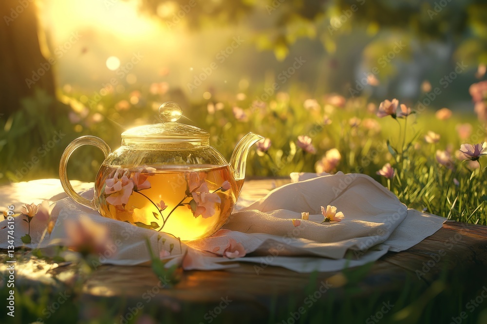 Tea pot resting among blossoms in a sunlit garden setting