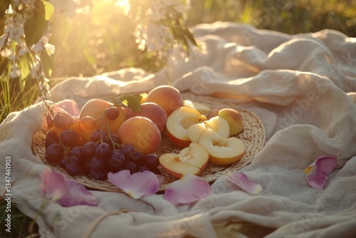 Obraz na płótnie Fresh fruits in a woven basket surrounded by petals on a sunny afternoon in a tranquil outdoor setting w salonie