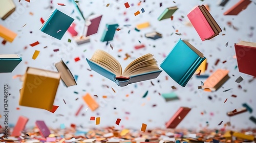 Floating Books and Confetti Celebration, Floating open book surrounded by colorful flying books and confetti