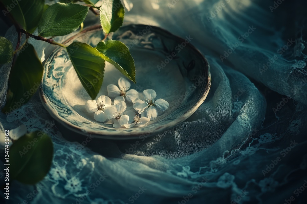 Delicate white flowers resting in a small bowl on a soft fabric background with gentle light highlighting their beauty