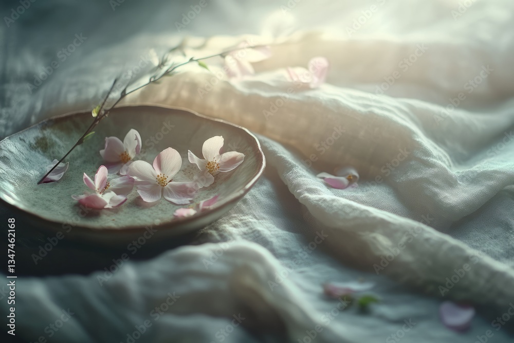 Delicate cherry blossom petals arranged on a textured plate with soft fabric background during morning light