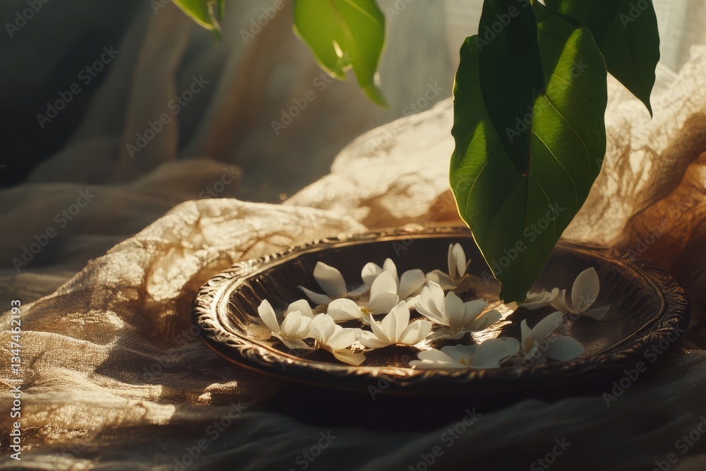 Gentle sunlight illuminating white petals resting on a decorative plate in a serene indoor setting