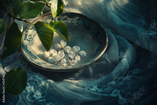 Obraz na płótnie Delicate white flowers resting in a small bowl on a soft fabric background with gentle light highlighting their beauty w salonie