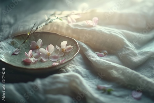 Obraz na płótnie Delicate cherry blossom petals arranged on a textured plate with soft fabric background during morning light w salonie