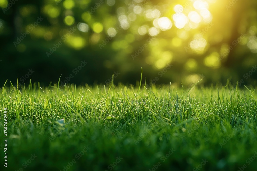 Fototapeta premium Green Grass Close-up with Sunlight Filtering Through Trees in Background