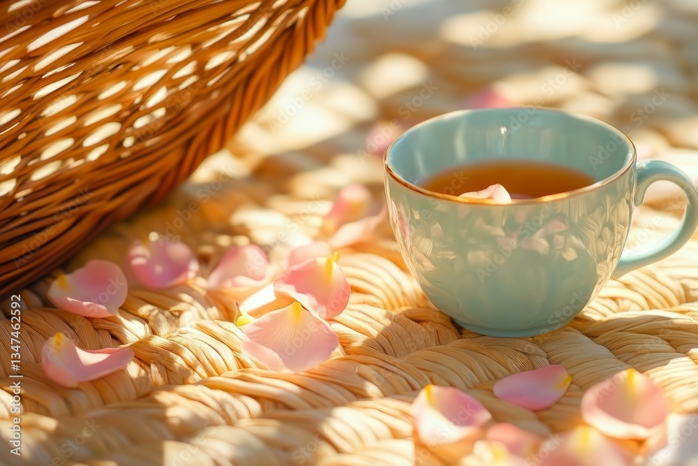 Delicate tea cup surrounded by soft rose petals on a woven mat during a calm afternoon setting
