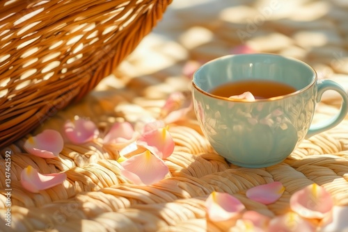 Obraz na płótnie Delicate tea cup surrounded by soft rose petals on a woven mat during a calm afternoon setting w salonie