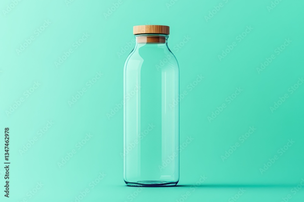 Clear glass bottle with wooden cap displayed against a mint green background in a minimalist setting