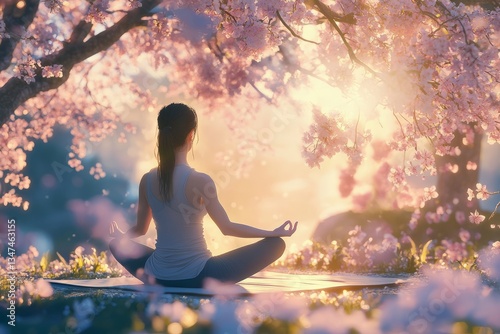 Relaxing yoga practice under cherry blossom trees at sunset in a peaceful garden setting