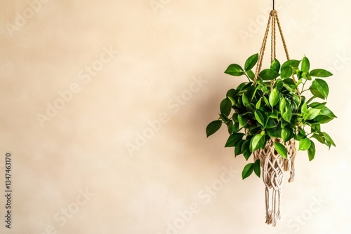 Hanging plant in macrame holder against a neutral wall adds natural beauty to indoor decor