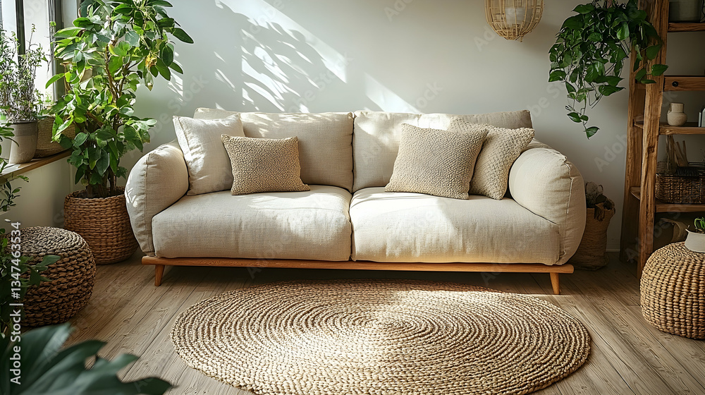 Fototapeta premium Contemporary and cozy living space with a neutral-toned sofa, soft textured pillows, wooden decor elements, fresh greenery and diffused natural light