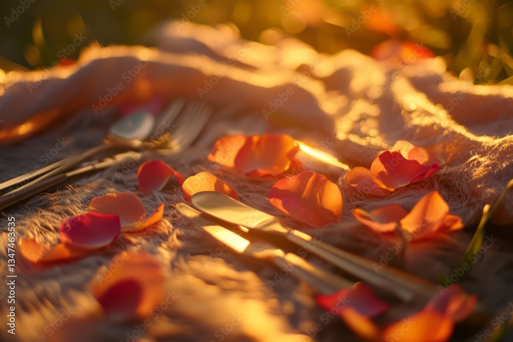 Elegant picnic setup with golden light, rose petals, and gleaming cutlery in a serene outdoor setting during sunset