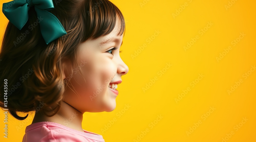 Fototapeta premium Smiling girl with short hair and bow against a bright yellow background during a joyful moment